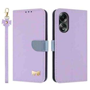 For OPPO A58 4G Global Metal Bow Leather Phone Case with Hand Strap(Purple)