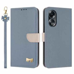 For OPPO A58 4G Global Metal Bow Leather Phone Case with Hand Strap(Light Blue)