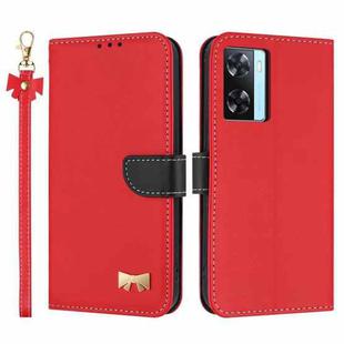 For OPPO A77 4G / A57 4G Global Metal Bow Leather Phone Case with Hand Strap(Red)