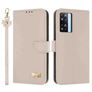For OPPO A77 4G / A57 4G Global Metal Bow Leather Phone Case with Hand Strap(Apricot)