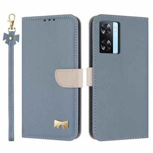 For OPPO A77 4G / A57 4G Global Metal Bow Leather Phone Case with Hand Strap(Light Blue)