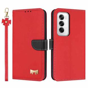 For OPPO Reno12 5G Global Metal Bow Leather Phone Case with Hand Strap(Red)