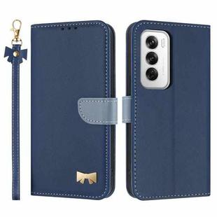 For OPPO Reno12 5G Global Metal Bow Leather Phone Case with Hand Strap(Dark Blue)