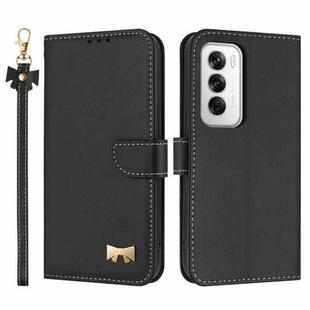 For OPPO Reno12 5G Global Metal Bow Leather Phone Case with Hand Strap(Black)
