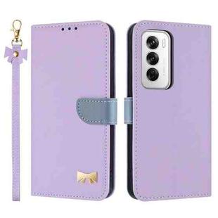 For OPPO Reno12 5G Global Metal Bow Leather Phone Case with Hand Strap(Purple)