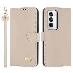 For OPPO Reno12 5G Global Metal Bow Leather Phone Case with Hand Strap(Apricot)