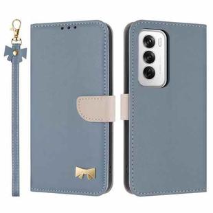 For OPPO Reno12 5G Global Metal Bow Leather Phone Case with Hand Strap(Light Blue)