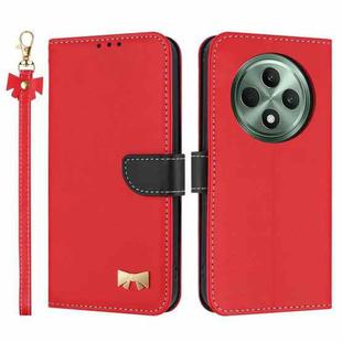 For OPPO Reno12 F Global Metal Bow Leather Phone Case with Hand Strap(Red)
