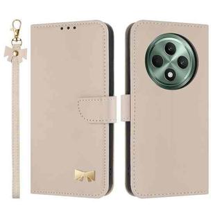 For OPPO Reno12 F Global Metal Bow Leather Phone Case with Hand Strap(Apricot)