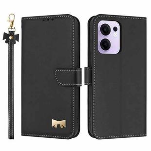 For OPPO Reno13 F Global Metal Bow Leather Phone Case with Hand Strap(Black)