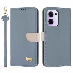 For OPPO Reno13 F Global Metal Bow Leather Phone Case with Hand Strap(Light Blue)