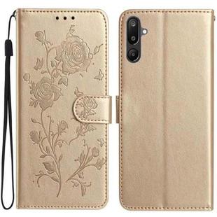 For Samsung Galaxy F16 Rose Flower Embossing Pattern Leather Phone Case(Gold)