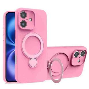 For iPhone 16 Liquid Silicone MagSafe Holder Phone Case(Rose Pink)