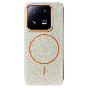 For Xiaomi 13 Thin Circle MagSafe Litchi Grain TPU Phone Case(White Orange)