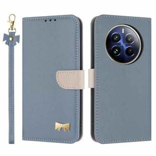 For Realme 12+ 5G / 12 4G / P1 Metal Bow Leather Phone Case with Hand Strap(Light Blue)
