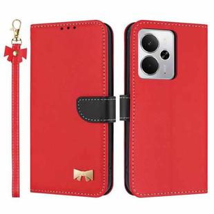 For Realme 14 5G / P3 5G Metal Bow Leather Phone Case with Hand Strap(Red)