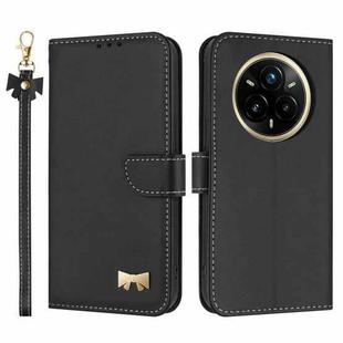 For Realme 14 Pro+ 5G Metal Bow Leather Phone Case with Hand Strap(Black)