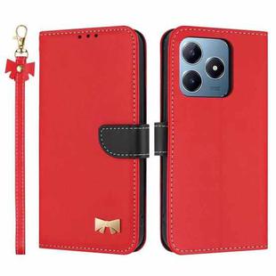 For Realme C63 4G Global / C61 Metal Bow Leather Phone Case with Hand Strap(Red)