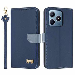 For Realme C63 4G Global / C61 Metal Bow Leather Phone Case with Hand Strap(Dark Blue)