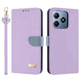 For Realme C63 4G Global / C61 Metal Bow Leather Phone Case with Hand Strap(Purple)