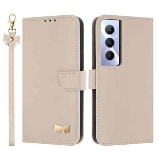 For Realme C65 4G Global Metal Bow Leather Phone Case with Hand Strap(Apricot)
