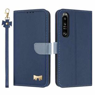 For Sony Xperia 1 IV Metal Bow Leather Phone Case with Hand Strap(Dark Blue)