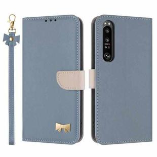 For Sony Xperia 1 IV Metal Bow Leather Phone Case with Hand Strap(Light Blue)