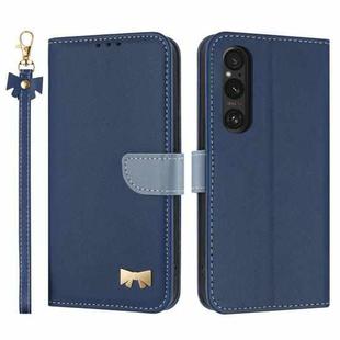 For Sony Xperia 1 V Metal Bow Leather Phone Case with Hand Strap(Dark Blue)