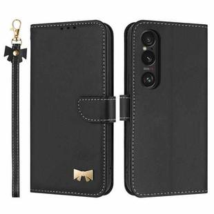 For Sony Xperia 1 VI Metal Bow Leather Phone Case with Hand Strap(Black)