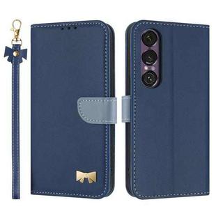 For Sony Xperia 1 VII Metal Bow Leather Phone Case with Hand Strap(Dark Blue)
