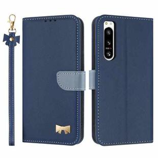 For Sony Xperia 5 IV Metal Bow Leather Phone Case with Hand Strap(Dark Blue)