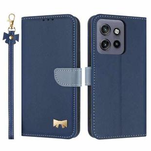For Motorola Edge 50 Neo 5G Metal Bow Leather Phone Case with Hand Strap(Dark Blue)