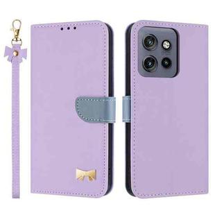 For Motorola Edge 50 Neo 5G Metal Bow Leather Phone Case with Hand Strap(Purple)