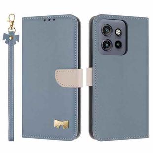 For Motorola Edge 50 Neo 5G Metal Bow Leather Phone Case with Hand Strap(Light Blue)