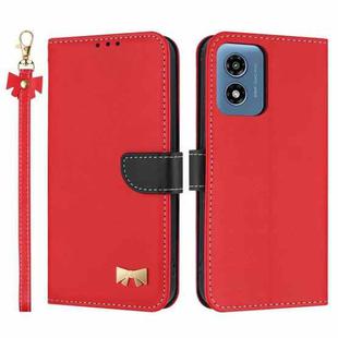 For Motorola Moto G Play 2024 Metal Bow Leather Phone Case with Hand Strap(Red)