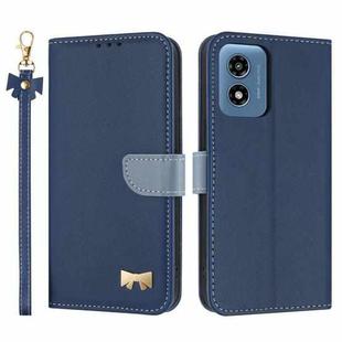For Motorola Moto G Play 2024 Metal Bow Leather Phone Case with Hand Strap(Dark Blue)