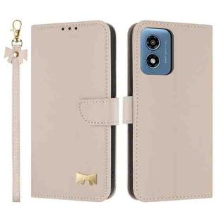 For Motorola Moto G Play 2024 Metal Bow Leather Phone Case with Hand Strap(Apricot)