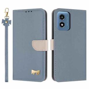 For Motorola Moto G Play 2024 Metal Bow Leather Phone Case with Hand Strap(Light Blue)