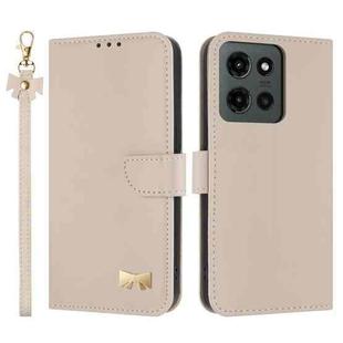 For Motorola Moto G Power 2025 Metal Bow Leather Phone Case with Hand Strap(Apricot)