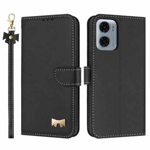 For Motorola Moto G05 / E15 Metal Bow Leather Phone Case with Hand Strap(Black)