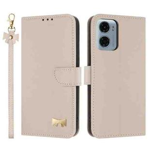 For Motorola Moto G05 / E15 Metal Bow Leather Phone Case with Hand Strap(Apricot)
