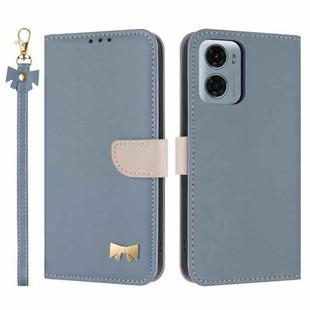 For Motorola Moto G05 / E15 Metal Bow Leather Phone Case with Hand Strap(Light Blue)