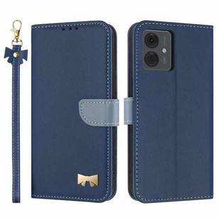 For Motorola Moto G14 4G / G64 JP Metal Bow Leather Phone Case with Hand Strap(Dark Blue)