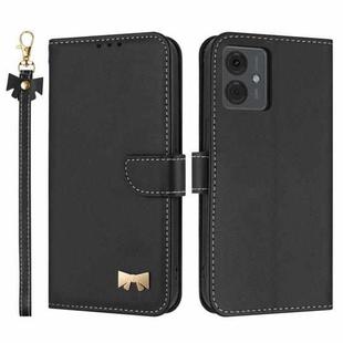 For Motorola Moto G14 4G / G64 JP Metal Bow Leather Phone Case with Hand Strap(Black)
