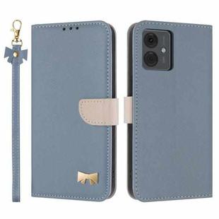 For Motorola Moto G14 4G / G64 JP Metal Bow Leather Phone Case with Hand Strap(Light Blue)