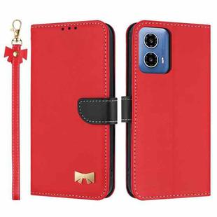For Motorola Moto G35 Metal Bow Leather Phone Case with Hand Strap(Red)