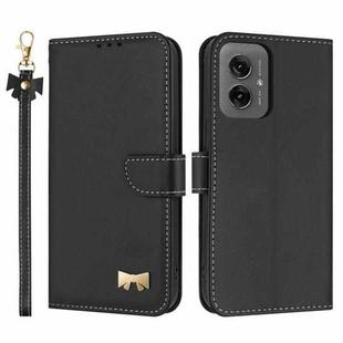 For Motorola Moto G55 Metal Bow Leather Phone Case with Hand Strap(Black)