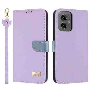 For Motorola Moto G55 Metal Bow Leather Phone Case with Hand Strap(Purple)