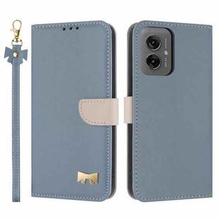 For Motorola Moto G55 Metal Bow Leather Phone Case with Hand Strap(Light Blue)