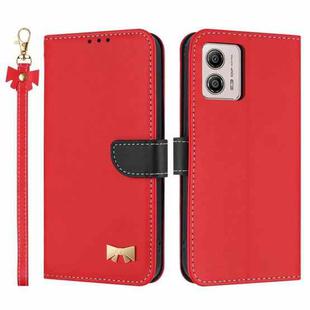 For Motorola Moto G73 5G Metal Bow Leather Phone Case with Hand Strap(Red)